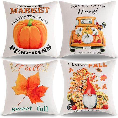 Housse de coussin, oreiller, coussin décoratif, lin, citrouille, récolte d'automne (1/5)