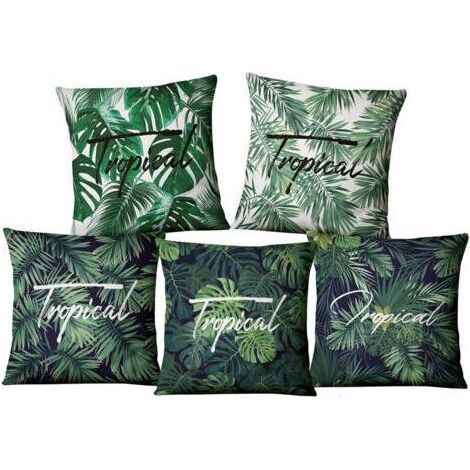 Feuilles tropicales vertes housses de coussin 4545 cm ensemble de 5 taies d'oreiller carrées décoratives palmier d'été housses de coussin d'été taie d'oreiller pour la décoration de canapé à l (1/4)