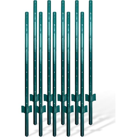 Relaxdays Juego de 10 postes para valla de alambre, 150 cm, perfil en U, acero, verde, con ancla para suelo, para jardín (1/5)