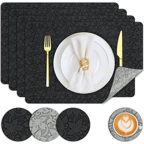 Set de table pour 4 personnes, sous-verres et sets en cuir PU double épaisseur résistants à la chaleur, antidérapants double face, lavables pour jardin (Noir et Gris) (1/5)