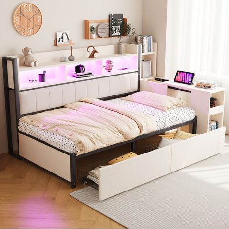 lit chambre rangement bureau 90x200 métal bois blanc OKMYHOME (1/5)