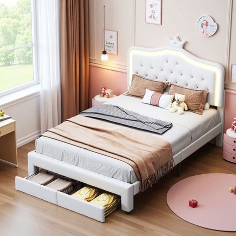Cama infantil - Corona de PU blanca 140x200 - Cabecero acolchado - LED integrado - 2 cajones de almacenamiento