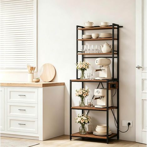 Scaffale da cucina 60x40x167 cm marrone rustico e nero in metallo e truciolato con prese e 6 ripiani (1/3)