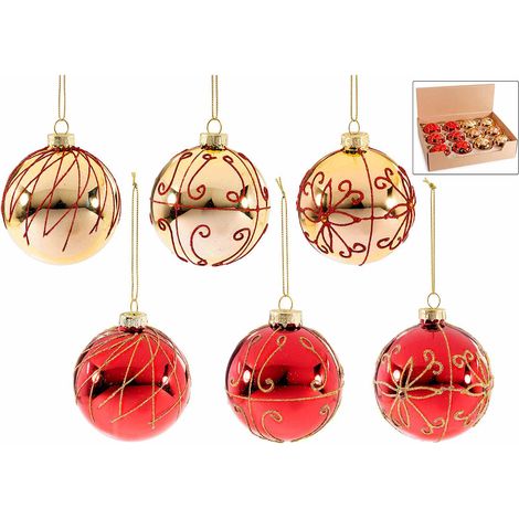 Boules de Noël dorées et rouges en verre à suspendre avec décors, présentoir de 12 pièces, lot de 12, diam. 8 cm