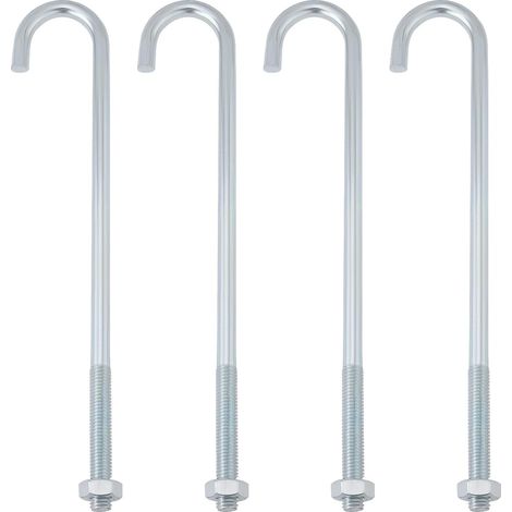 Lot de 4 boulons à crochet M10 J filetés à longue tige industrielle pour tuyauterie, jardin, clôture, projets de toiture, plaques de béton (250 mm) (1/4)