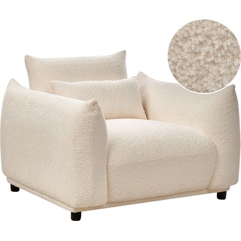 Sillón salón bajo con cojín patas negras tapicería bouclé blanco Jamsa