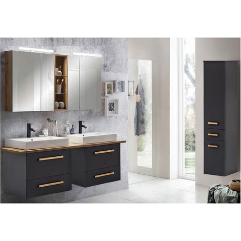 Badmöbel Komplett Set anthrazit mit Landhaus Eiche DABO-04 Doppelwaschtisch, LED-Spiegelschrank & Hochschrank, B/H/T 210/200/50 cm (1/5)