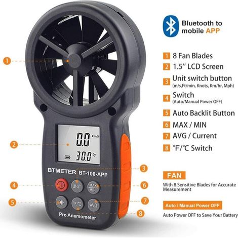 Anémomètre Numérique de Vitesse du Vent de Poche, Bluetooth sans Fil à Palette Anémomètre Mètre pour le Refroidissement Eolien, la Vitesse, le Moniteur de Température BT-100APP (1/4)