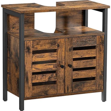 Mobile sottolavabo mobiletto da bagno armadio 60 x 30 x 60 cm con struttura in acciaio ante a persiana pannello regolabile stile industriale rustico marrone e nero 120002742