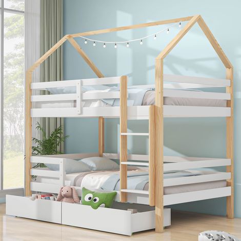 Lit superposé 90x200cm en bois de pin - avec 2 tiroirs et échelle - Blanc (1/5)