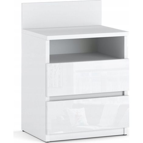 Comodino bianco lucido, 40 cm, 2 ripiani, stile loft, mobili per camera da letto