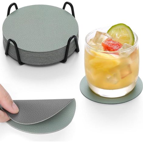Untersetzer Gläser 12er Set rutschfest Leder Grau Salbeigrün Rund (1/5)