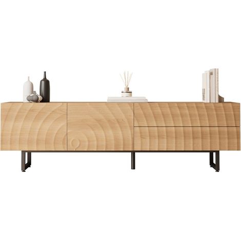 Meuble TV 180cm Style Scandinave, Buffet Bas Texture 3D, 2 Portes 2 Tiroirs, Pieds Métal Noir (1/5)