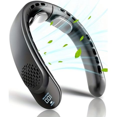 Ventilador de cuello recargable con pantalla LED,ventilador de viaje portátil USB-C,ideal para uso en exteriores y en la oficina. Color negro (1/5)