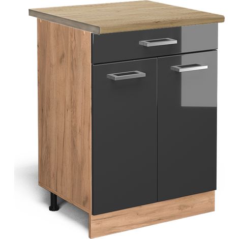 Mobiletto base per cucina R-Line, Antracite lucido, 60 cm con cassetto, PL Rovere, Vicco