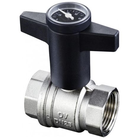 OVENTROP Robinet à tournant sphérique avec poignée à manette en plastique Optibal avec filetage intérieur PN 16, avec thermomètre DN 15, G 1/2, laiton, nickelé, 1078004