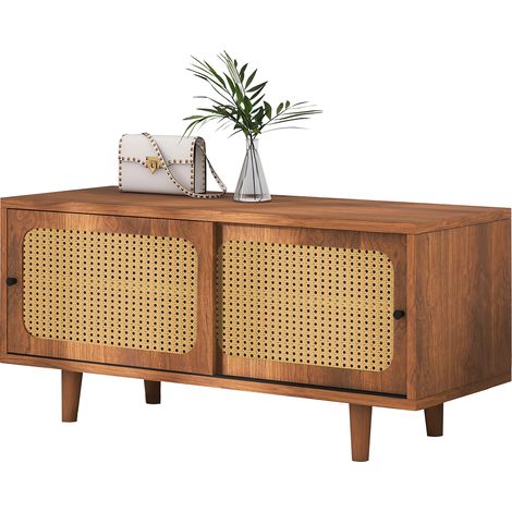 Meuble de rangement pour chaussures en rotin, avec 2 portes. Les compartiments sont réglables. Couleur noyer. Dimensions : 104×40×48 cm.