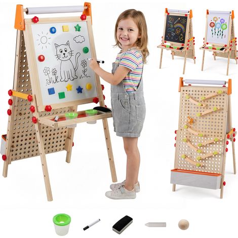 Chevalet d’Art 4-en-1 pour Enfants, Tableau Noir Double Face et Tableau Blanc Magnétique avec Rouleau de Papier, Plateau de Rangement, Parcours de (1/5)