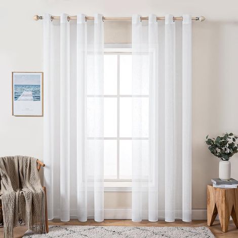 Lot de 2 Rideaux Voilages à Oeillet Polyester Transparents pour Salon Chambre Bureau 140x137cm Blanc