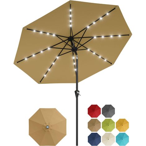 Parapluie de terrasse solaire 10FT, LED, Parasol à manivelle, bouton-poussoir et 8 baleines robustes – Protection UV, Beige
