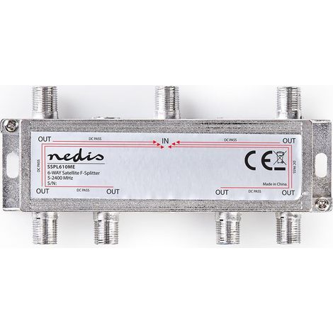 Divisor de satélite  5-2400MHz  17,0 dB  Número de entradas: 1  Número de salidas: 6  Impedancia: 75 ohmios  Cinc  Plata