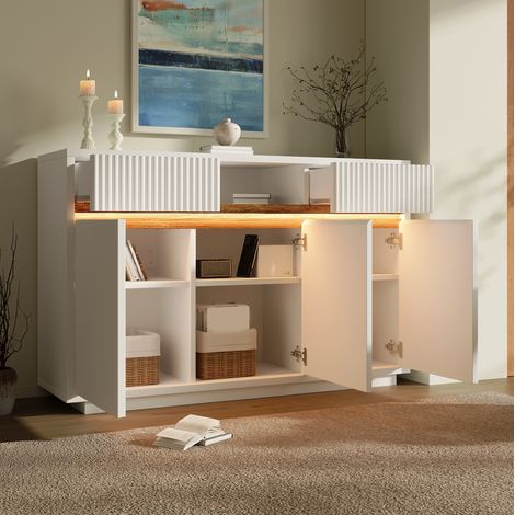 Credenza 140x40x85 cm bianca in legno con LED, 2 cassetti, 3 ante e ripiani regolabili (1/5)