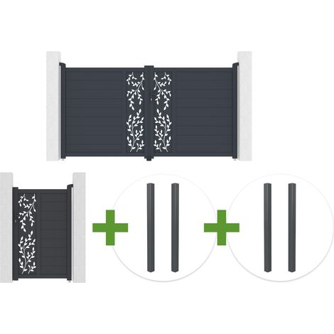 Portail battant 3m FOLYA H.160cm aluminium gris + 4 poteaux + Portillon 1m FOLYA H.160cm (1/5)