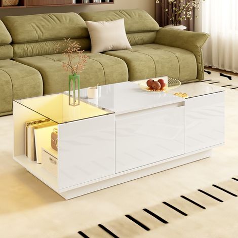 Table basse 105 cm avec led, plateau en verre et 2 tiroirs – design moderne et minimaliste avec rangement (1/5)