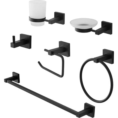 Set accessori a muro 6 pezzi in vetro e acciaio nero opaco e viti incluse Levante (1/5)