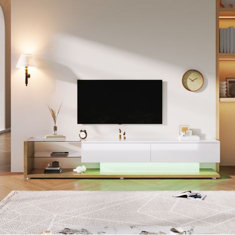 Meuble TV blanc brillant 170 x 36 x 38 cm en panneau de particules, 2 tiroirs, 2 étagères en verre et LED multicolore réglable par application – de FLORAGRACE (1/5)