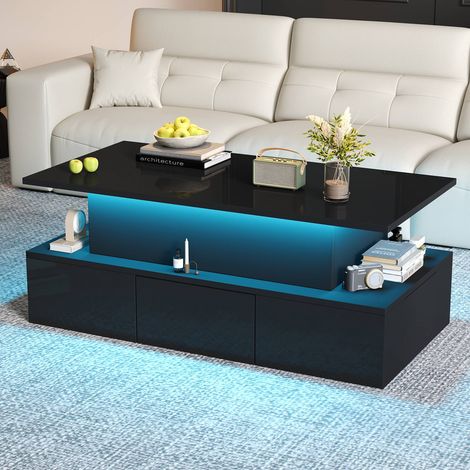 Table basse 100x50x40 cm relevable avec LED, 4 tiroirs, rangement caché, finition noir brillant (1/5)