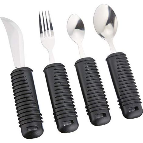 Gima - Set di 4 Posate a Presa Facile, Ideali per Anziani o Disabili, Forchetta, Coltello, Cucchiaio e Cucchiaino, Ampia Impugnatura Antiscivolo, in Gomma con Grip per Facilitare la Presa (1/2)
