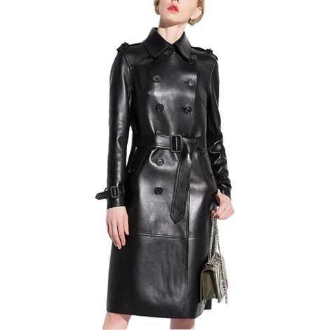 Trench en similicuir pour femme Style britannique Double boutonnage avec ceinture pour printemps automne (1/5)