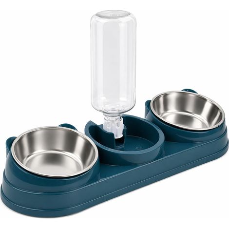 Cat Bowl Set, Pet Bowl Triple Cat Bowls with 500 ml Water Dispenser, Inclined at 15° Dry and Wet Food for Cats and Small Dogs (1/5)