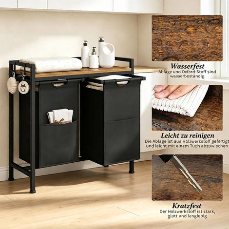 Wäschesammler 70×30×71 cm aus Metall und Holz, Schwarz/Rustikal, 2 herausnehmbare Körbe (1/5)