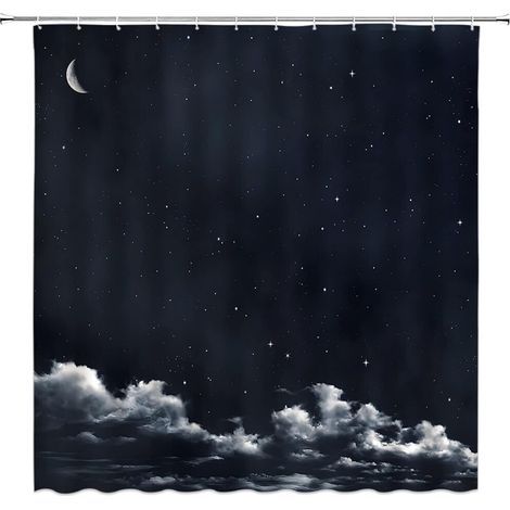 Cortina de ducha con estampado lunar, decorada con un cielo nocturno, nebulosas, estrellas y una brillante luna creciente, hecha de tela de poliéster e incluye ganchos (91 cm de ancho x 178 cm de alto