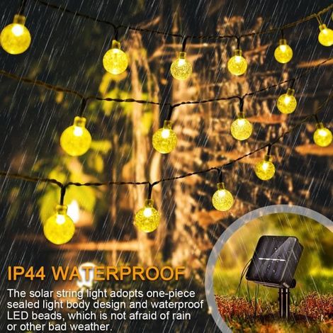 1 guirlande lumineuse solaire 8 m, 60 LED blanc chaud, étanche IP44, pour décoration extérieure jardin et fête