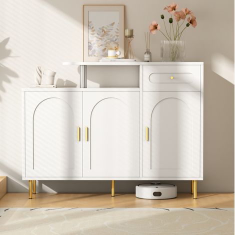 Buffet 120x35x92 cm en panneaux de bois blanc, avec rangement pour salon FloraGrace (1/5)