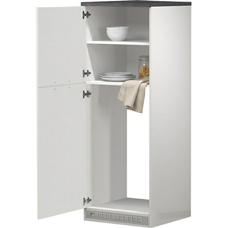 Dmora - Dispensa da cucina Mesarthim, Armadio multiuso, Mobile per cucinotto, Portafrigo multifunzione, 100% Made in Italy, 60x60h165 cm, Bianco lucido e Ardesia
