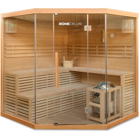 Home Deluxe – Sauna traditionnel 200 x 200 x 210 cm pour 2 à 6 personnes – Poêle finlandais 8 kW – Isolation thermique élevée – Façade en verre de sécurité