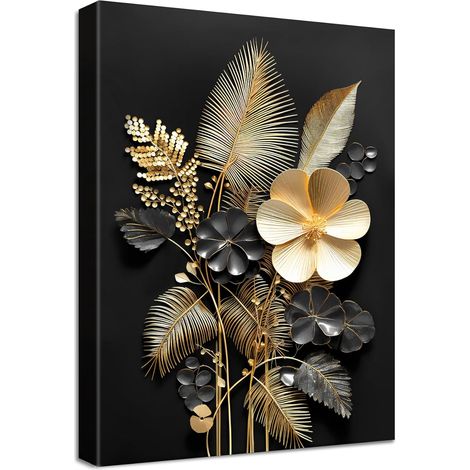 Cadre en Bois Impression sur Toile Fleurs 3D Or Noir Tableau Image sur Toile Affiche Bouquets Tropicaux de Feuilles de Cocotier Tableau Decoration Murale Salon Chambre Coucher Salle de Bains 30x40cm (1/5)