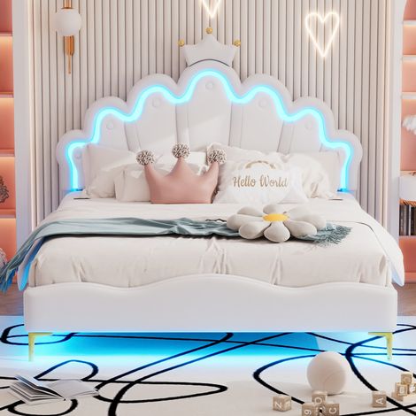 Doppelbett 140x200 cm, Prinzessinnen-Bett mit Kronen-Kopfteil, weiches PU-Lederpolster, einstellbare LED-Ambientebeleuchtung, für Kinder und Jugendliche geeignet, Weiß