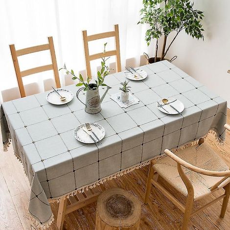 nappe rectangulaire à carreaux carrés en coton et lin uni, à franges