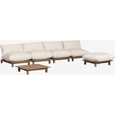 Conjunto de jardín con sofá modular reclinable de 4 piezas, mesa de centro y puff en madera de acacia Brina SKLUM