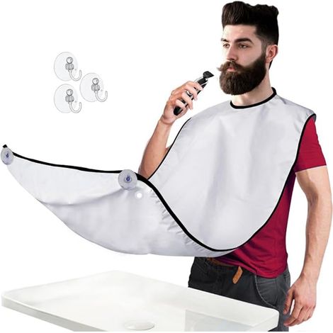 Bavoir Ramasse-Poils de Barbe & Cape de Taille - pour Homme Se fixe au miroir par ventouses, retient les poils coupés, réutilisable(Blanc,75110cm) (1/5)
