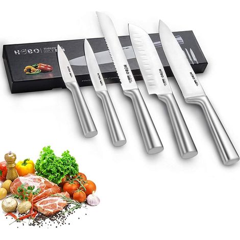 Knife Set, 5 Piece Stainless Steel Kitchen Knife Set, Non-Slip Frosted Handle, Standard Sharp Serrated Chef Knife. (1/5)