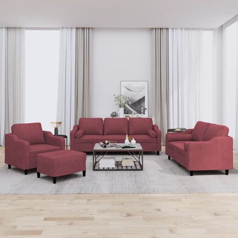 4-tlg. Sofagarnitur mit Kissen Weinrot Stoff (1/5)