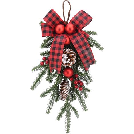 Dekorative künstliche Weihnachtsgirlande für die Haustür, mit Schleife, roten Beeren und Tannenzapfen, für den Innen- und Außenbereich, Fenster, Wand, Kamin, Typ A (1/3)