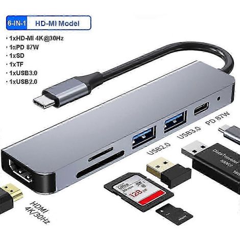 Hub USB-C 6-en-1 avec HDMI 4K, lecteur de cartes SD/TF et charge rapide PD - Station d'accueil pour ordinateur portable/PC (1/5)