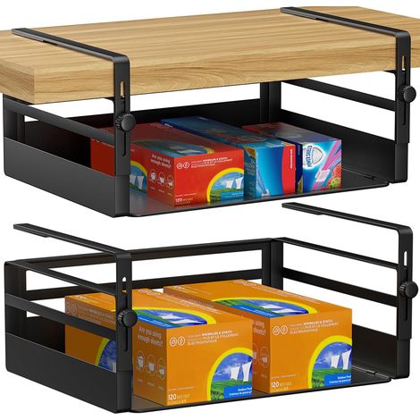 Lot de 2 paniers de rangement sous étagère, réglables à suspendre sous l'armoire, paniers de rangement coulissants pour buanderie, cuisine, garde-manger, bureau, bibliothèque, noir (1/5)